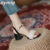 high heeled sandals womens summer 2022 new one word chain thick heeled shoes gentle bow middle heeled fairy shoes