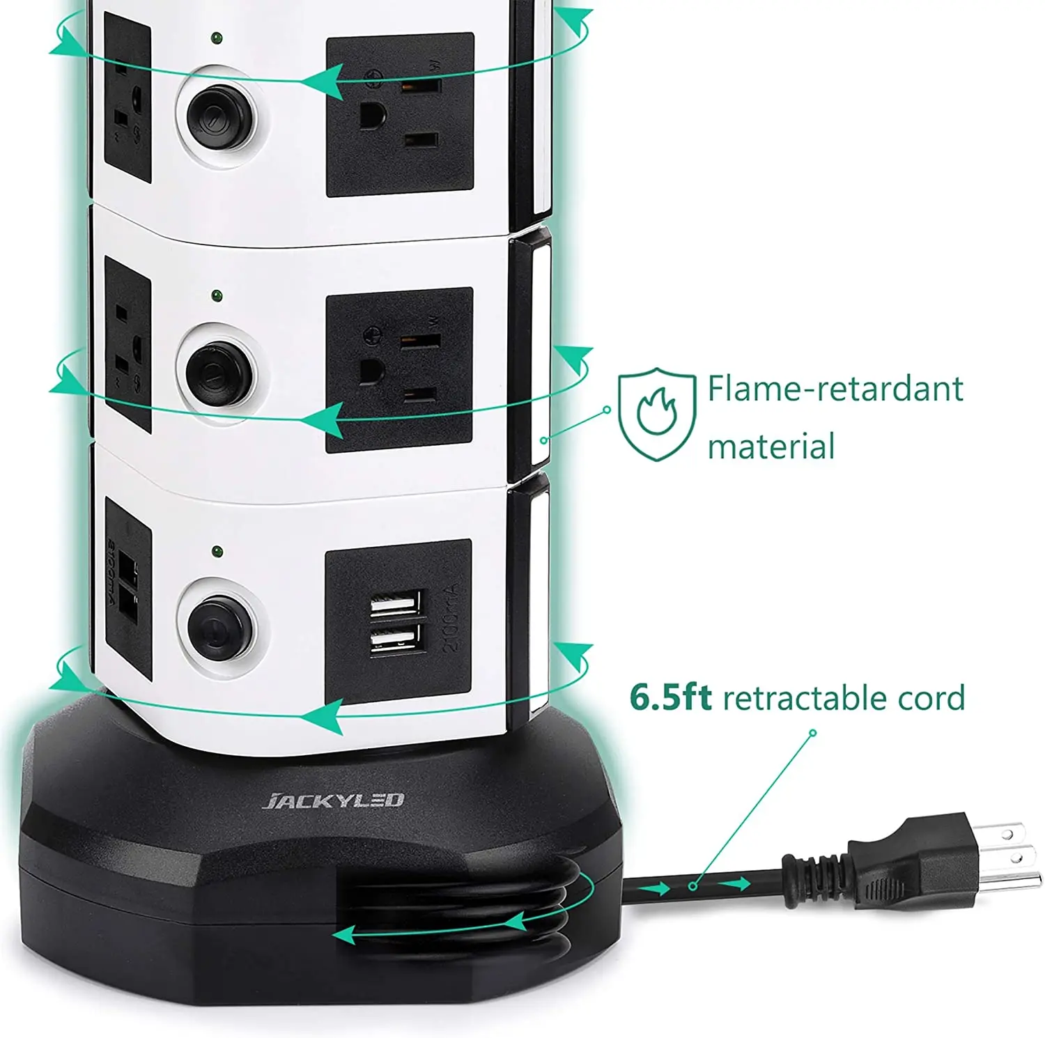 2022.Power Strip Tower JACKYLED Surge Protector Electric Charging Station 3000W 13A 10 Outlets 4 USB Ports with 16AWG 6.5ft