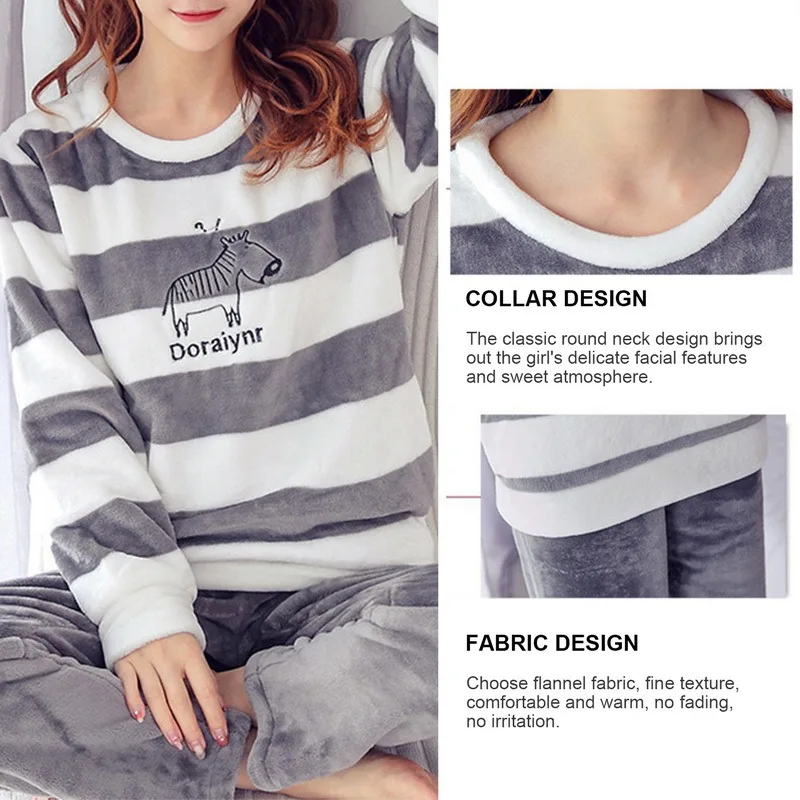 Winter Pyjamas For Women Long Sleeve Flannel Warm Sleepwear Coral Fleece Thicken Nightwear Cute Cartoon Loungewear 2 Pieces Sets
