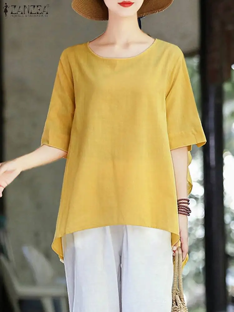 

Oversized Women Summer Short Sleeve Blouse 2023 Fashion Tops Tee ZANZEA Ruffles Patchwork Shirts Casual Solid High Low Pullovers
