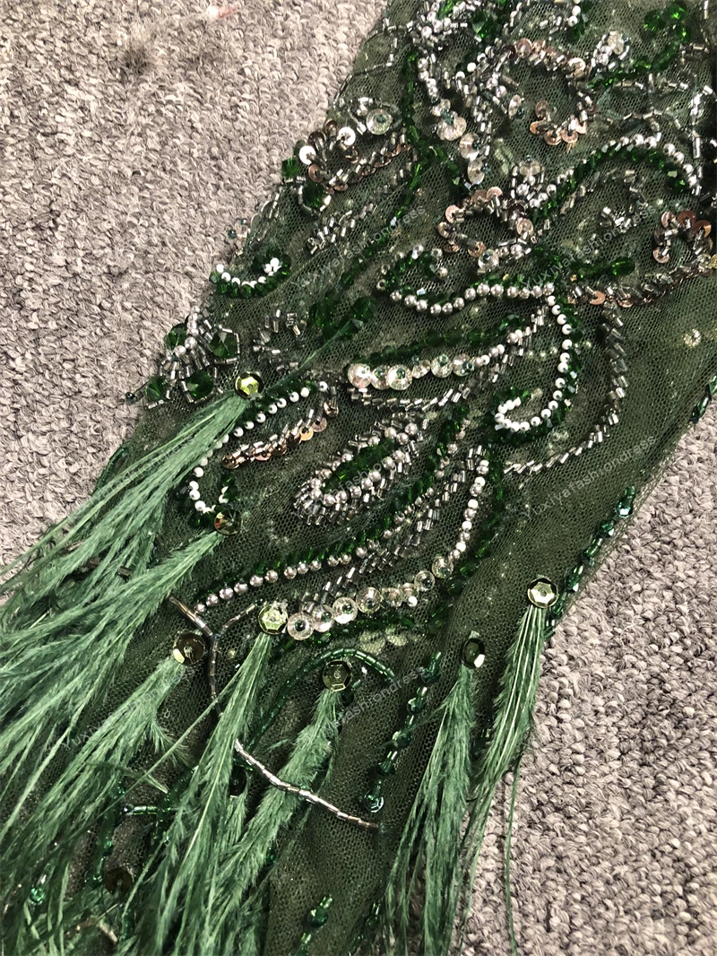 100% Real Pictures Dark Green Luxurious Beads with Feathers Knee Lenght Formal Prom Party Celebrity Dance Evening Dresses  Свадьбы