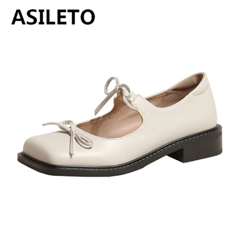 

ASILETO 2022 Spring Ladies Pumps Square Toe Shallow Bowtie Casual Low Heels Slip-on Large Size 33-43 Black Brown Beige S3049