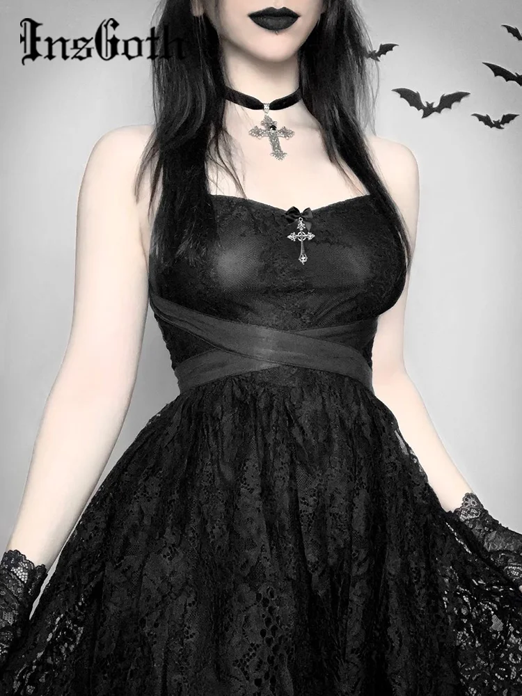 

InsGoth Spaghetti Strap Waist-in Backless Midi Dress Lace Hollow Out Cross Waist Elegant Party Dress Sexy Black Club Sun Dress
