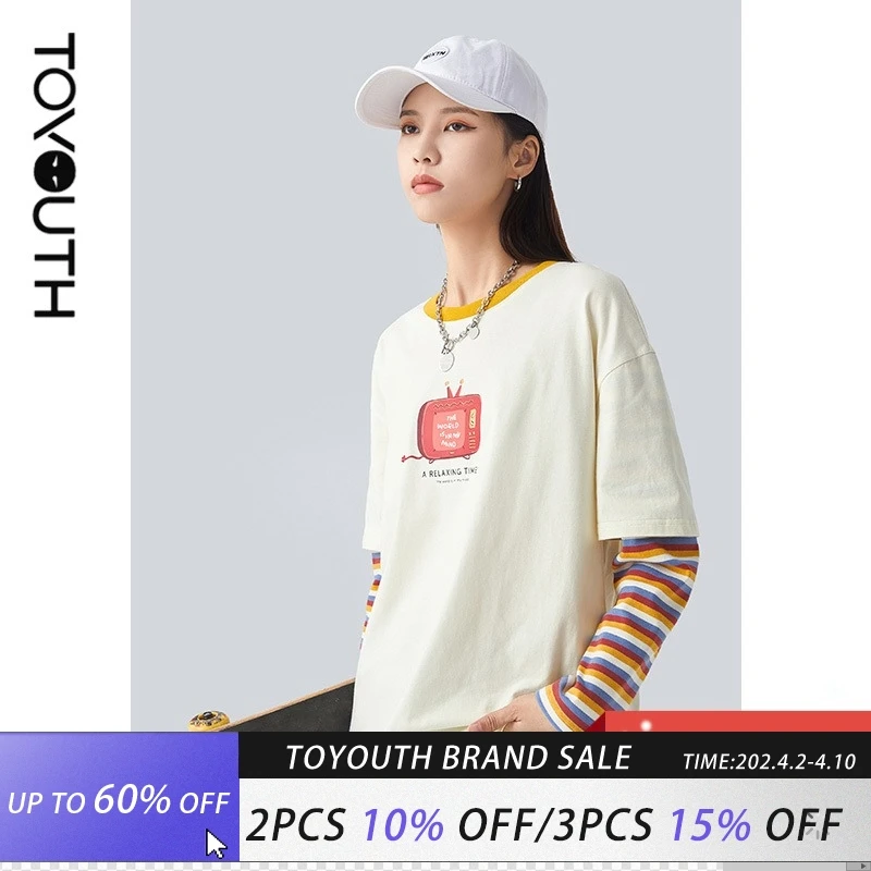 

Toyouth Women Fake Two Pieces Shirt Round Neck Cartoon Print Long Sleeve Contrasting Color Design Casual Tops