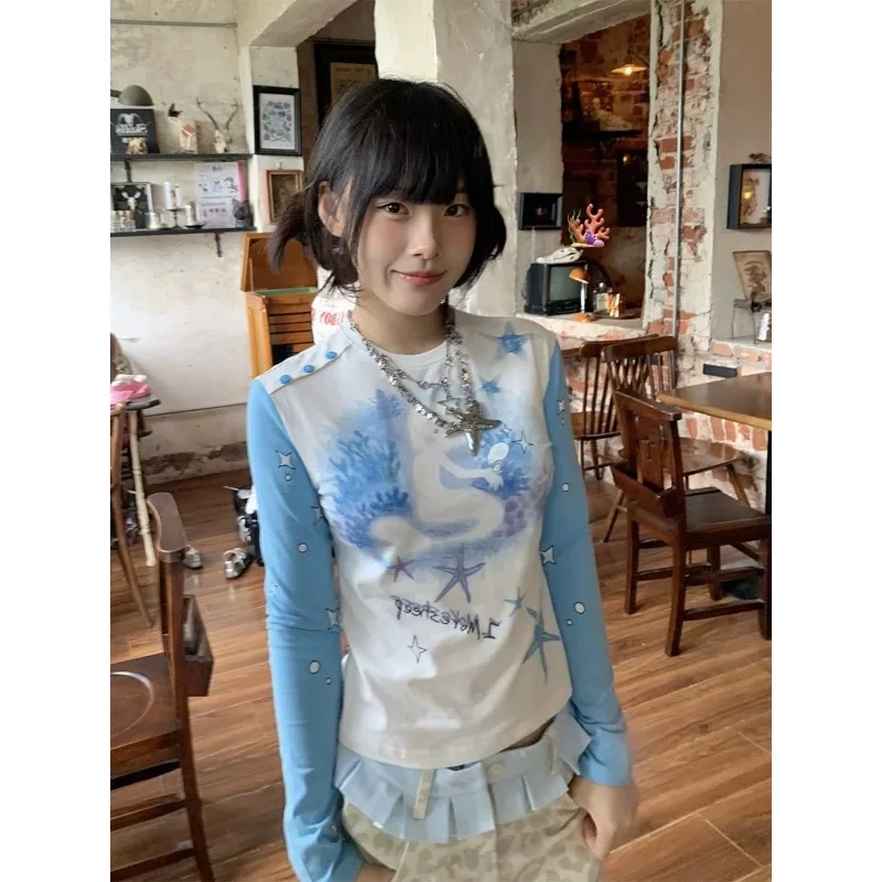 Футболка женская с круглым вырезом длинным рукавом и принтом морской звезды