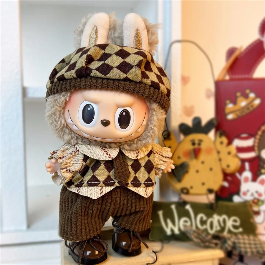 Фото Labubu V1 одежда, аксессуары для куклы 17 см, модный костюм, игровой домик, игрушка Kpop, куклы-идолы, повседневный клетчатый комбинезон, подарок №1