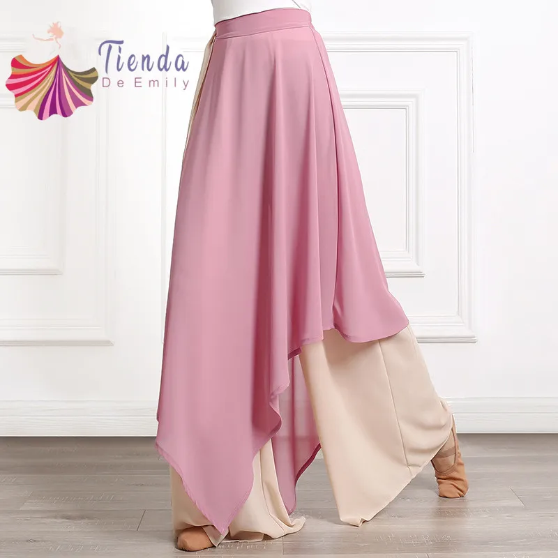 

China Dance Culottes Chiffon Wide Leg Harem Skirt Pant Flowy Classical Folk Yangko Dancer Practice Wear 2 Layers Fairy Hanfu