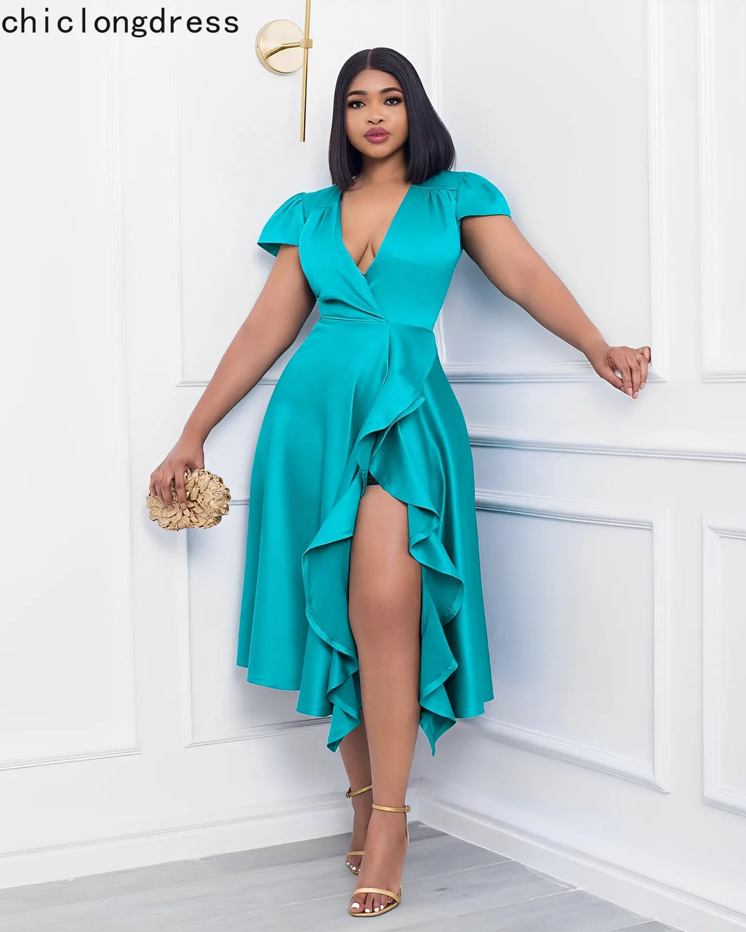 

Женское атласное платье с разрезом, элегантное однотонное вечернее платье с V-образным вырезом, коротким рукавом и оборками, весна-лето 2022