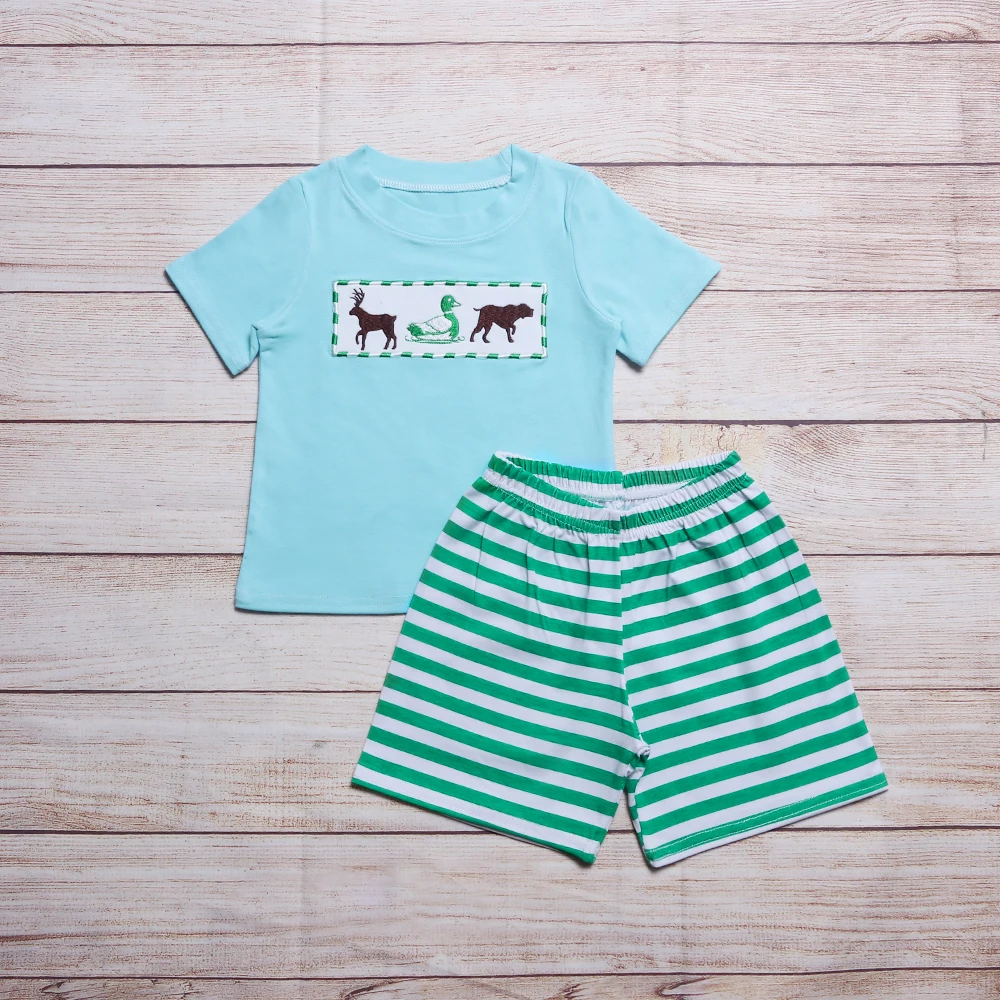 

Baby Boy Clothes Boy Set Boys Spring And Summer Cothes Two Piece Set Cute Animal Embroidery Green Stripe Shorts Boy Clothes