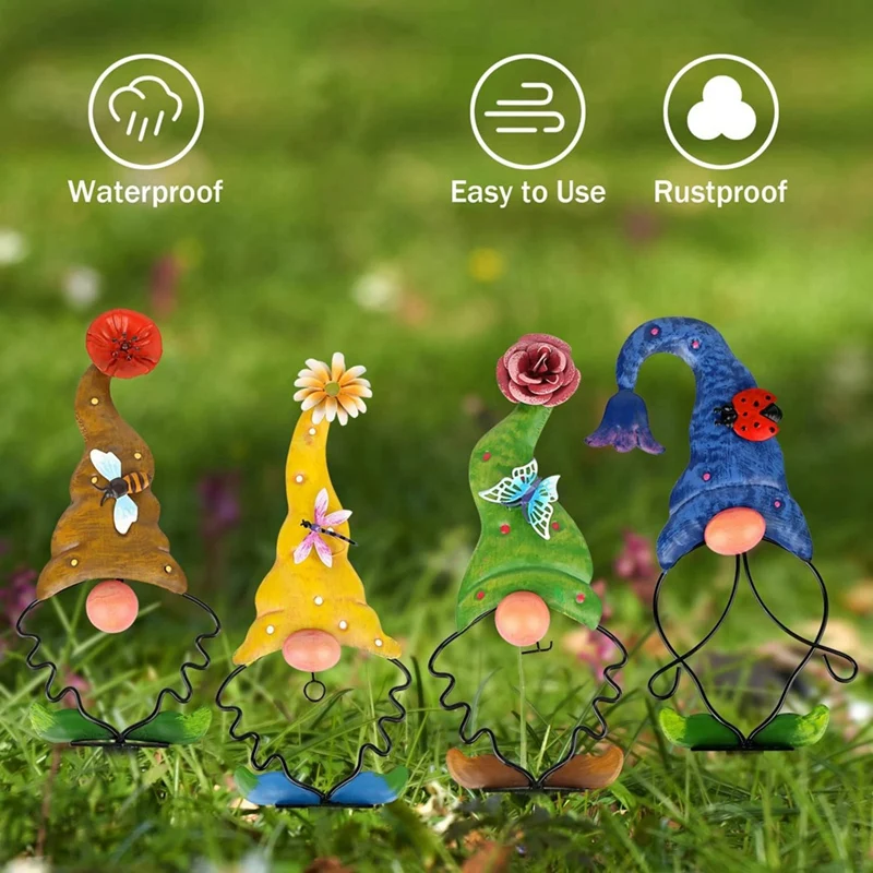 

4 PCS Garden Gnome Stake Decoration Metal Yard Art Outdoor Statue Decor For Lawn Patio Pathway