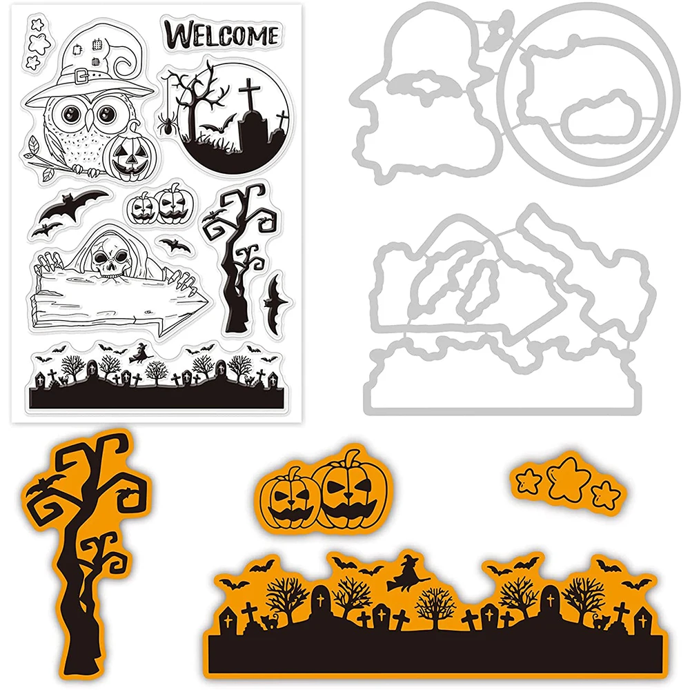 

Welcome Halloween Cut Dies and Clear Silicone Stamp Set for DIY Scrapbook Album Decorative Halloween Invitation Card Making