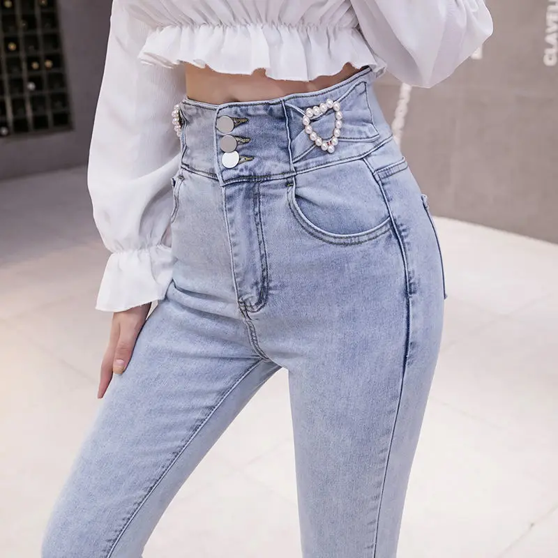 

Embroidered Flares Vintage Fall Skinny Jeans Pants Woman High Waist Elastic Denim Washed Korean Streetwear Pencil Trouser M436