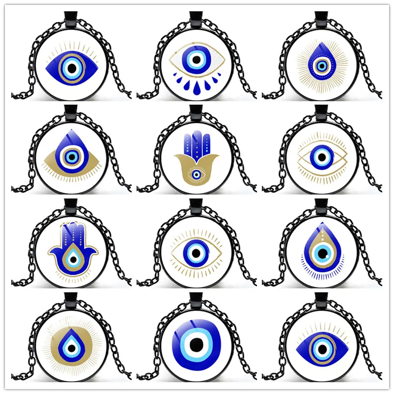 

15pcs Black Color Blue Evil Eyes Charms Fashion Lucky Turkish Oval Palm Hand Pendant Necklaces Accessories