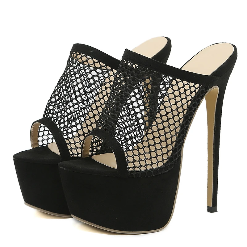 Liyke 2023 New Peep Toe Platform Heels Black Mesh Slippers Summer Sandals Fashion Slip On Slides Women Mule Party Stripper Shoes