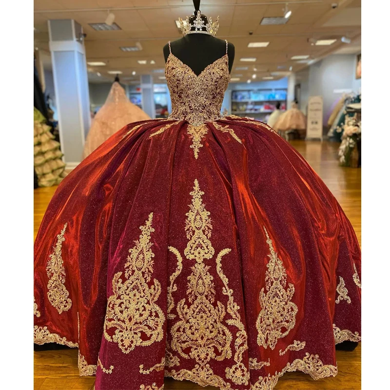 

Блестящее платье с золотистой аппликацией для девушек, красное платье на тонких бретельках для выпусквечерние вечера, милое платье для под...