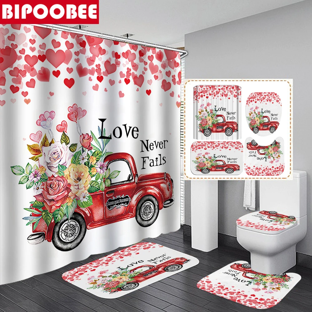 

Red Love Truck Flowers Shower Curtain 3D Waterproof Fabric Bathroom Curtains Non Slip Carpet Toilet Lid Cover Bath Mats Rugs