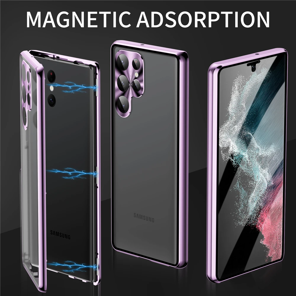 Metal Magnetic Double Sided Glass Cover For Samsung Galaxy S21 S22 S23 Ultra 5G Phone Case Camera Screen Protection Coque Funda