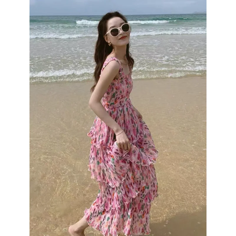 

Original GANN*I Nordic Niche Floral Print Long Skirt with Pleated Wide Drawstring Dress for Women