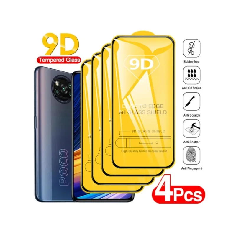 4 шт. 9D закаленное стекло с полным клеем для Xiaomi Poco X3 X4 F3 F4 M3 M4 Pro 5G NFC GT Защитная
