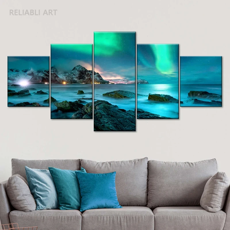 

5 Pieces Stunning Lofoten Aurora Borealis Canvas Painting Wall Art Nature Landscape Wall Pictures for Living Room Home Decor