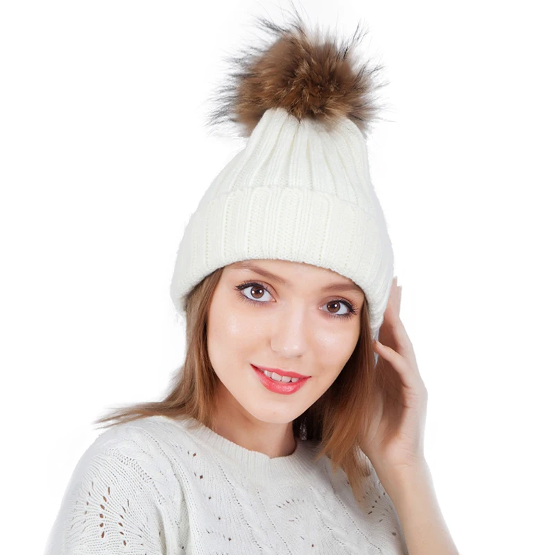 

Autumn Winter Hat For Women Girl 'S Hats Fox Fur Ball Cap Pom Poms Knitted Beanies Cap Brand New Thick Female Gorras Gifts