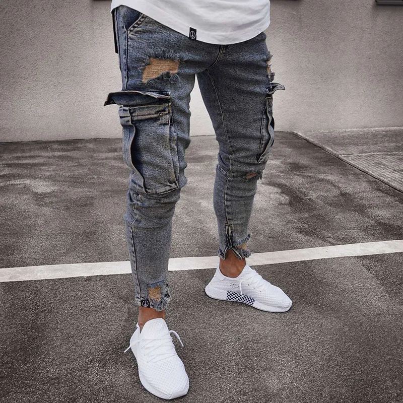 Men's New Stretch Jeans Trendy Knee Ripped Zipper Fashionable Skinny Four Seasons Trousers