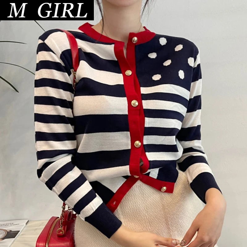 M GIRLS Elegant Cardigans Girls Sweet Colorblock Striped Dot O-neck Long Sleeve Knitted Tops Spring New Style Korean Chic 2021