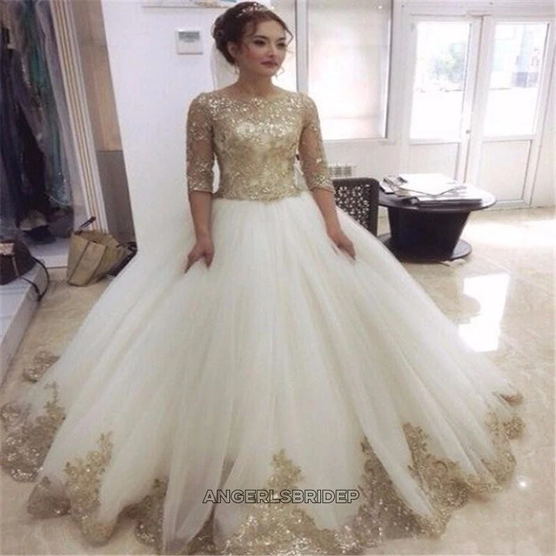 

Garden Ball Gown Wedding Dresses Half Sleeves Gold Appliques Vestidos De Noiva Bride Prom Party Gowns Bridal Dress Custom