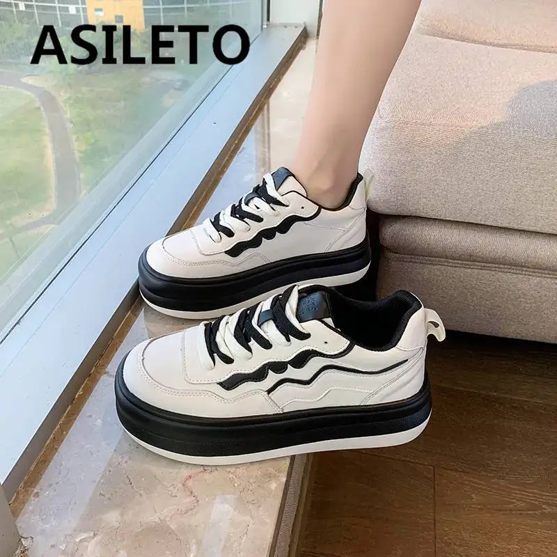

ASILETO 2022 Брендовая обувь женские кроссовки с круглым носком на толстом каблуке 4 см шнуровка смешанных цветов повседневная обувь для девочек повседневные виды спорта S4315