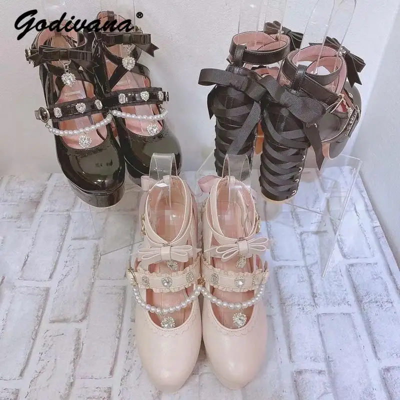 

Japanese Sweet Pearl Rhinestone Lace Up Chunky Heel Lolita Mary Jane Shoes Height Increasing Women High Shoes Paltform Heels