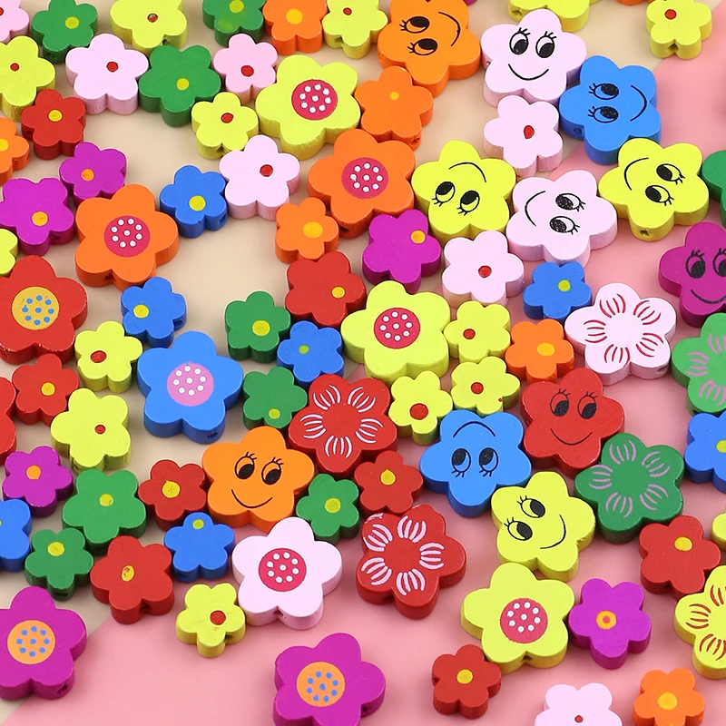

30/50 pcs flat green wood smiley face colored wood beads 12/15/20mm flower spacer beads DIY jewelry Production Accessories