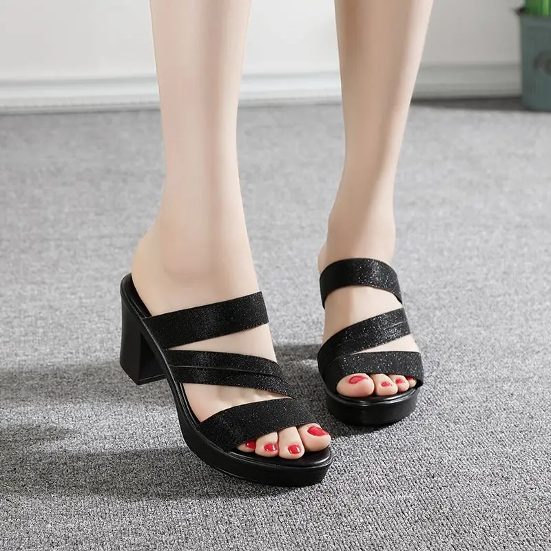 High-heeled Women's Slippers Summer Thick Heels Bright Skin Fish Mouth All-match Casual Shoes Luxury Woman Sandals