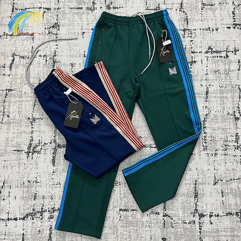 

Синие классические прямые Стрейчевые тренировочные брюки для мужчин и женщин, повседневные полосатые брюки с лентой, бабочками, вышивкой и карманами на шнурке