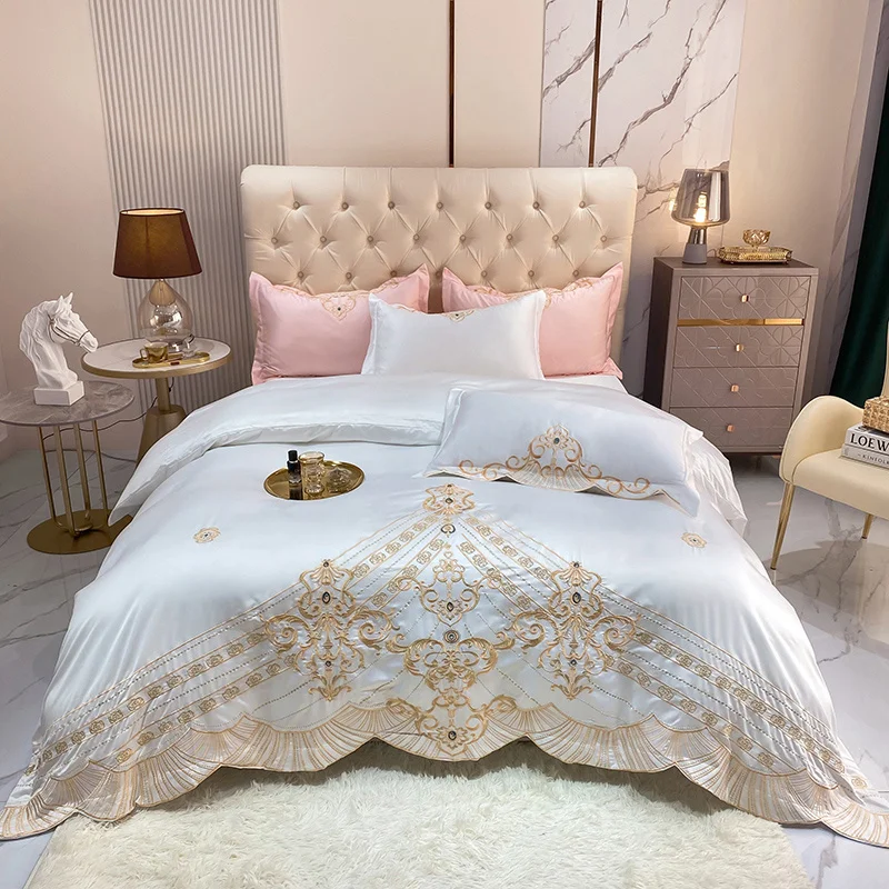 

Luxury Gold Embroidery Ice Bedding Washed Silk Bohemian Smooth Quilt Duvet Cover Set Bed Linen Pillow Shams Bedclothes