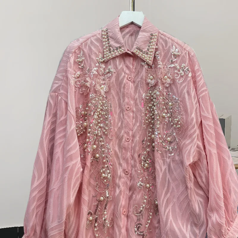 Новые блузки на пуговицах с бисером и блестками женские рубашки средней длины