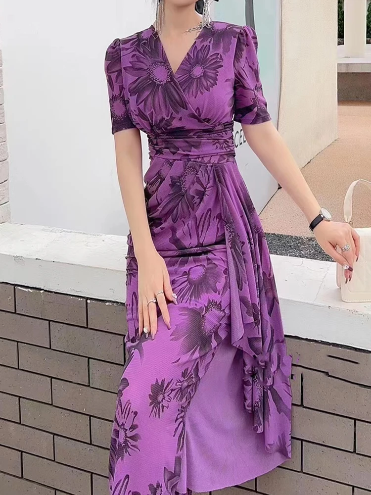 

Элегантное асимметричное платье с V-образным вырезом и оборками с поясом для похудения, Новинка лета 2023, модная женская одежда