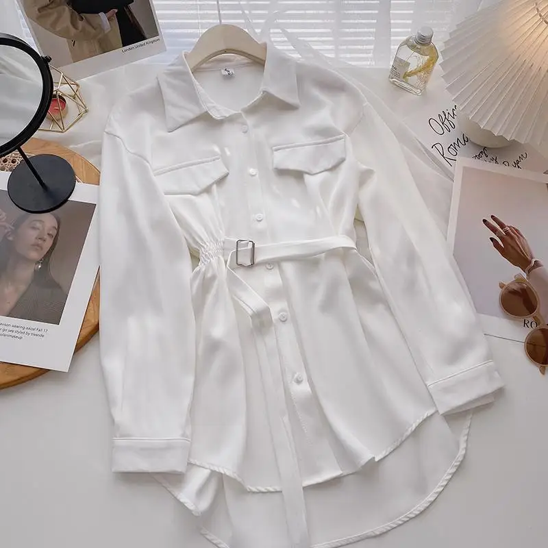 Модные женские Топы DUOFAN туника с отворотом рубашки длинным рукавом шикарные