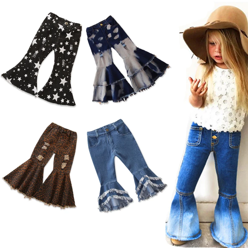 Girl Flared Jeans Ripped Jeans Wide Leg Casual Trousers Capris Pants Oversize Teenage Denim Shorts Clothes for 1 to 10T Children
