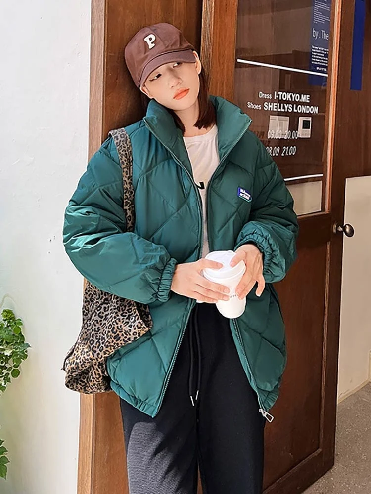 New Fashion Rhombus Pattern Winter Women Parkas Jacket Retro Stand Collar Loose Cotton Padded Winter Coat Clothes