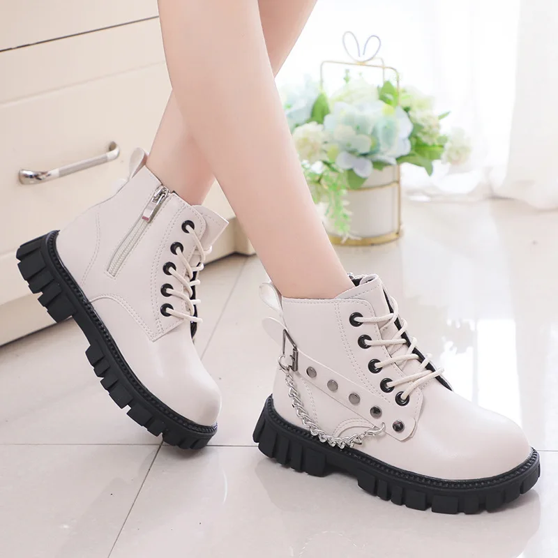 

2021 New Fashion Flat Children Shoes For Girls Autumn Rivet Chain Leather Martin Boots Sneakers Kids Ankle Boots 3 4 5 7 12 Year