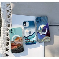 landscape painting phone case for iphone 13 12 11 mini pro max transparent super magnetic magsafe cover