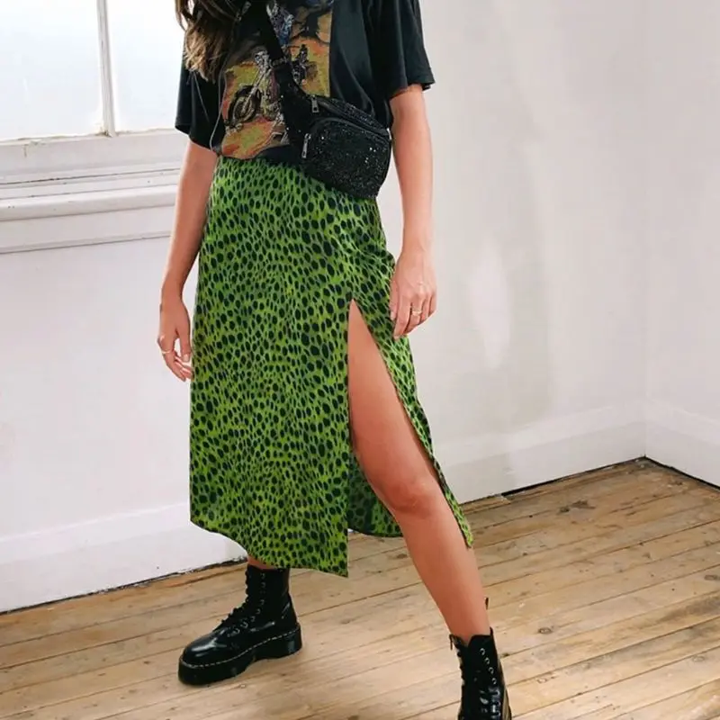

Womens Sexy High Waist A-Line Midi Long Skirt Vintage Green Leopard Dotted Print drop shipping
