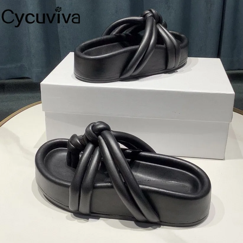 Шлепанцы женские кожаные Сланцы на толстой плоской подошве пляжные сандалии