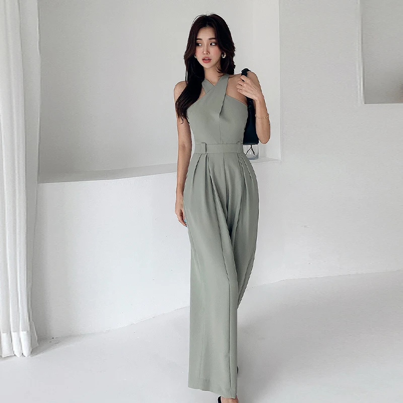 Summer Women Jumpsuit Solid Sleeveless Loose V-neck Full Length Elegant Halter Jumpsuits Spring Female Fashion Casual Streetwear