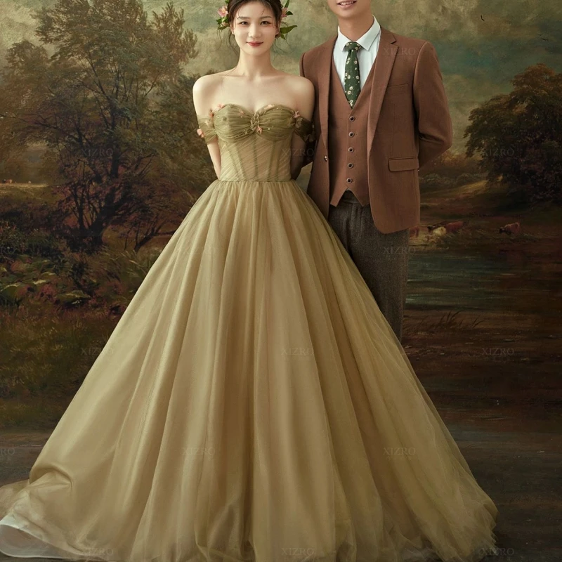 

Элегантное Длинное Свадебное платье А-силуэта с маленьким шлейфом, классическое платье с открытыми плечами, женское свадебное платье, новинка 2023