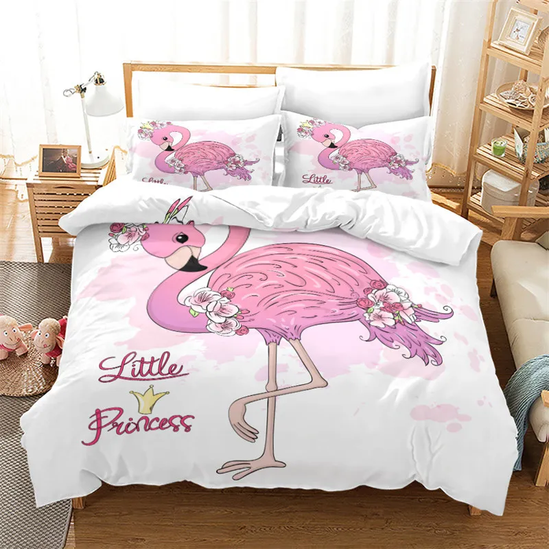 

Soft Flamingo 3D Print Bedding Set Fresh Style Cartoon Animals Green Leaves Tropical Fruit Floral Duvet Cover With Pillowcases