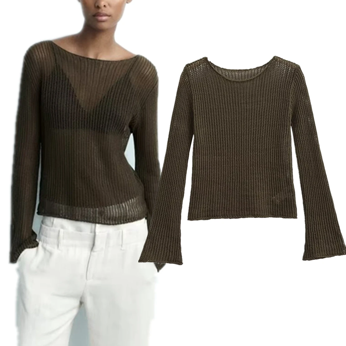 

Elmsk Fashion Ladies Hollow Perspective Knit Blouse Round Neck Long Sleeve Knit Top 2023 Autumn