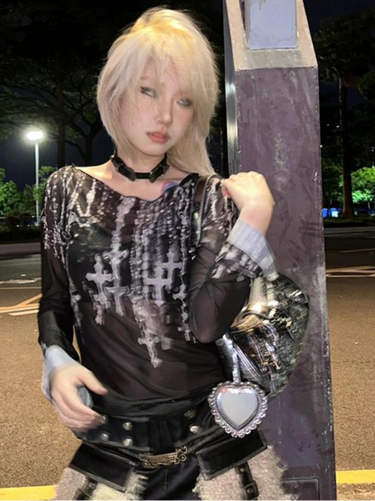 Женская футболка с длинным рукавом облегающая принтом в стиле Харадзюку Y2k