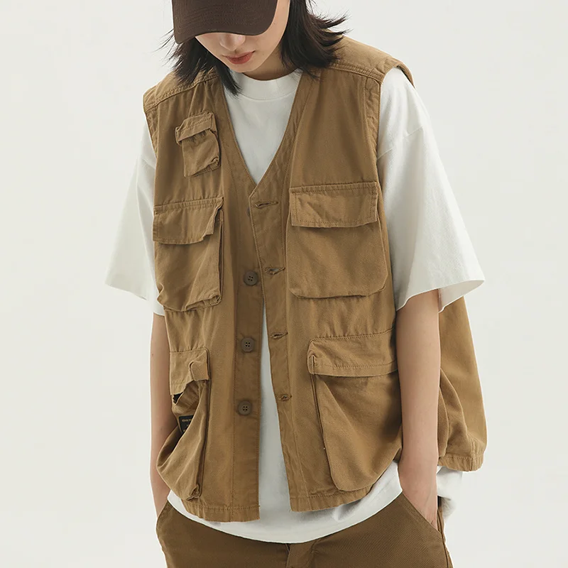 

Amekaji Vintage Multi-pocket Vest Khaki Loose Outdoor Multi-Functional Tooling Waistcoat Japanese Retro Couple Sleeveless Vest