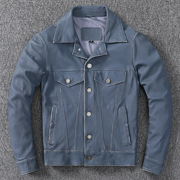

Free shipping.2020 New arrival leather coat,casual 506 quality genuine leather Jacket,mens jeans blue style sheepskin clothing.
